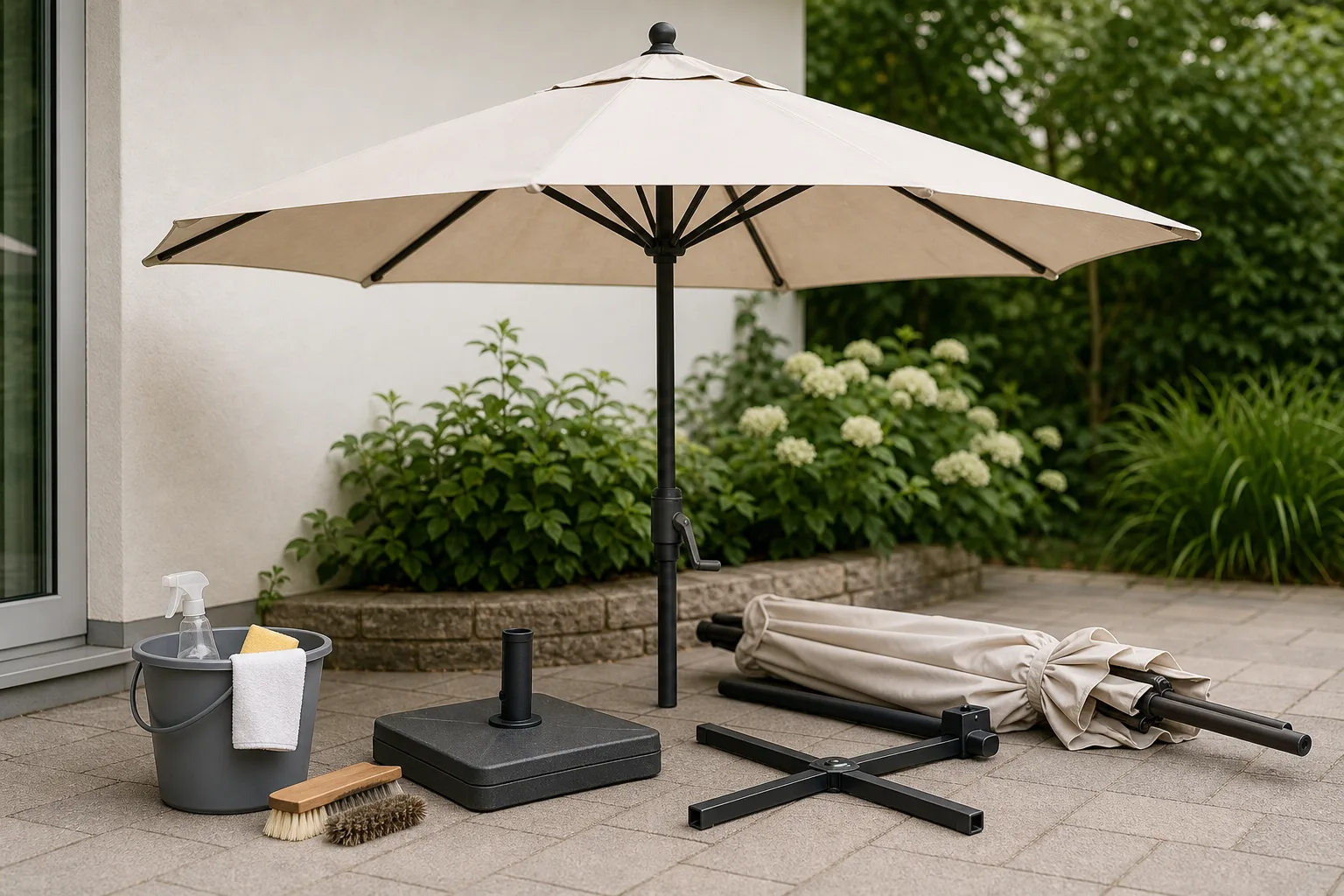 Sonnenschirm reinigen: Anleitung fuer Schirmstoff, Gestell und Standfuss